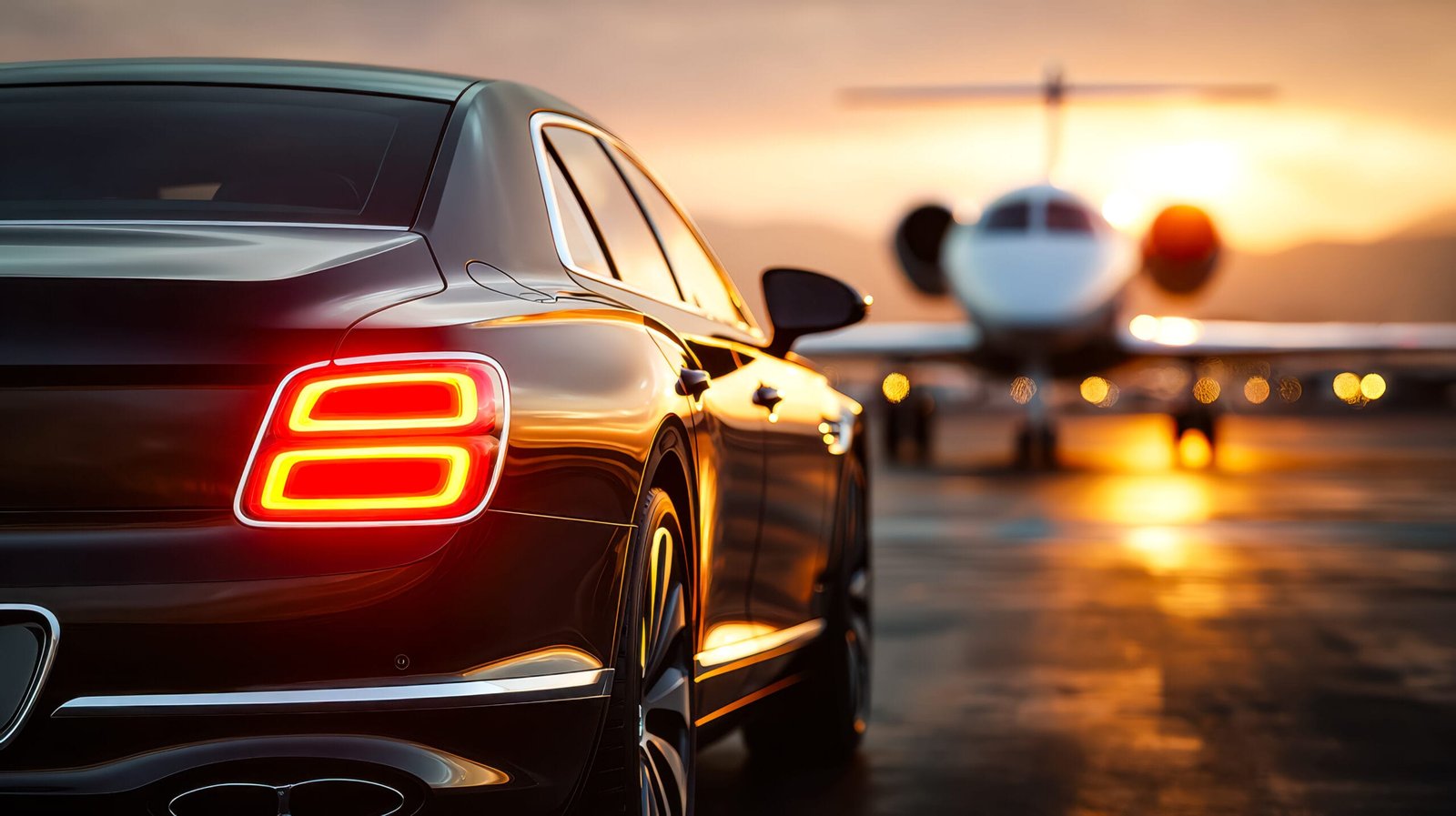 Blacklux luxury sedan parked at sunset with a private jet for exclusive Malpensa to Zurich transfers.